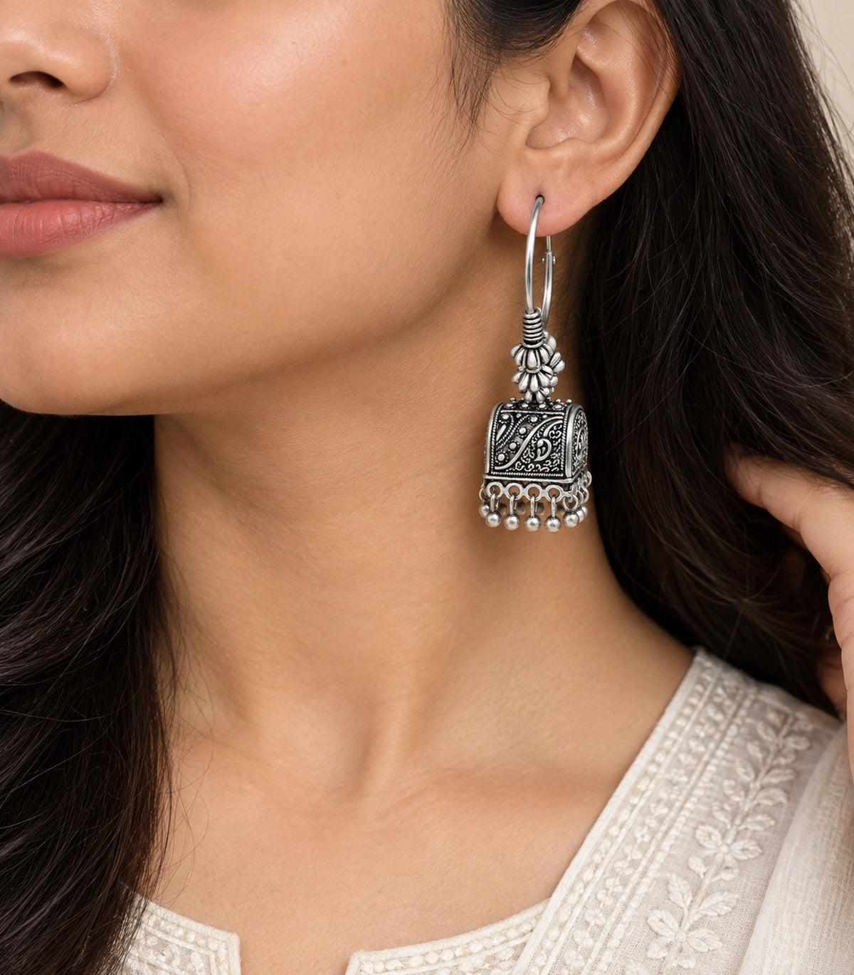 JIMIKI Oxidized Silver Paisley Cube Hoop Earrings - earrings worn to show hoop and drop #color_oxidized-silver