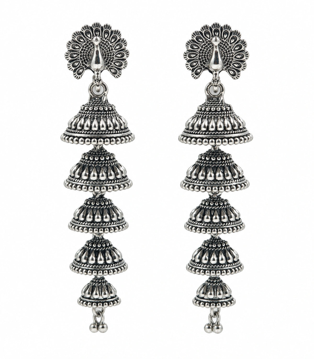 JIMIKI Peacock Five Tier Jhumka Earrings in Oxidized Silver - pair on white #color_oxidized-silver