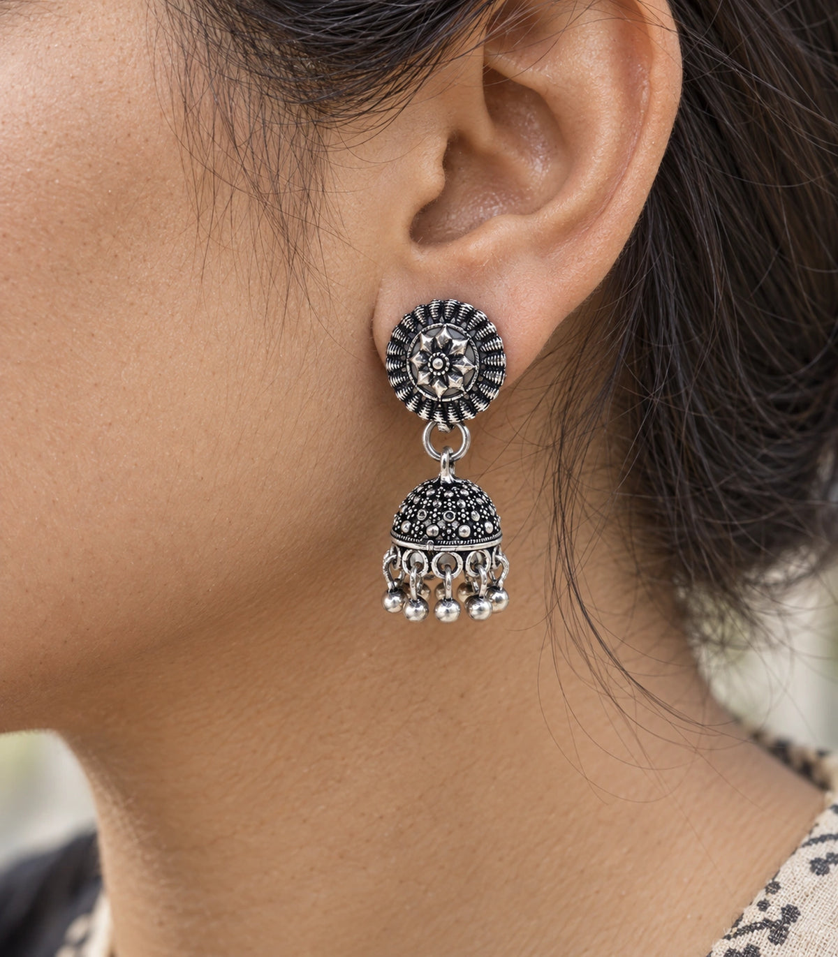JIMIKI Oxidized Silver Rosette Stud Dotted Jhumka Earrings in Oxidized Silver - close-up details #color_oxidized-silver