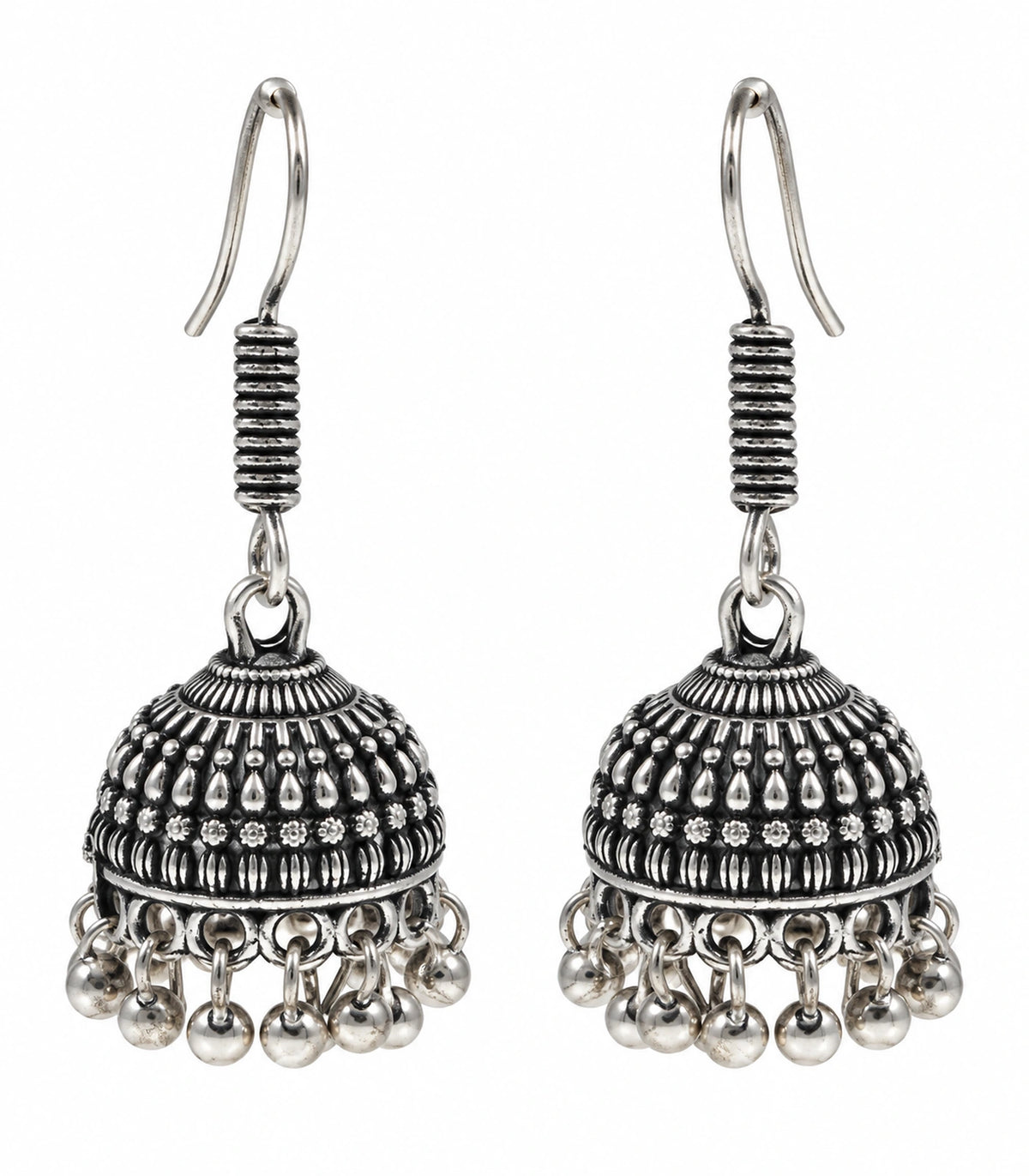 JIMIKI Oxidized Silver Rosette Teardrop Jhumka Earrings - matching pair on a white background #color_oxidized-silver