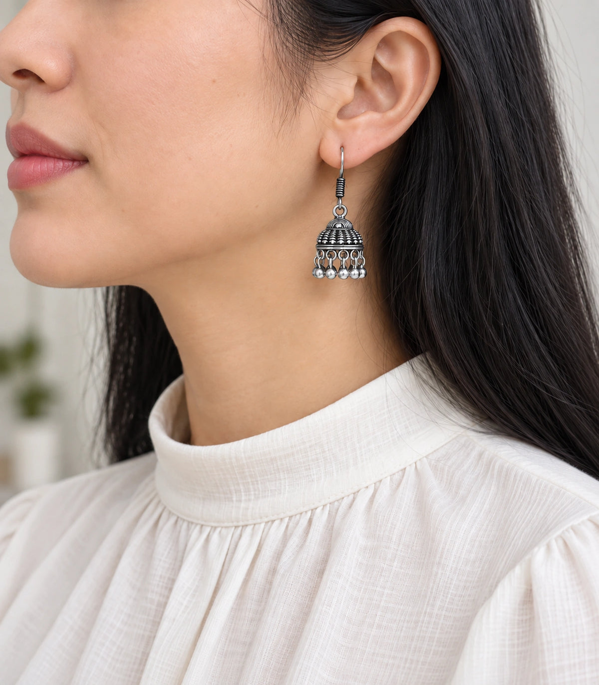 JIMIKI Oxidized Silver Scale Dome Hook Jhumka Earrings - Worn styling view #color_oxidized-silver