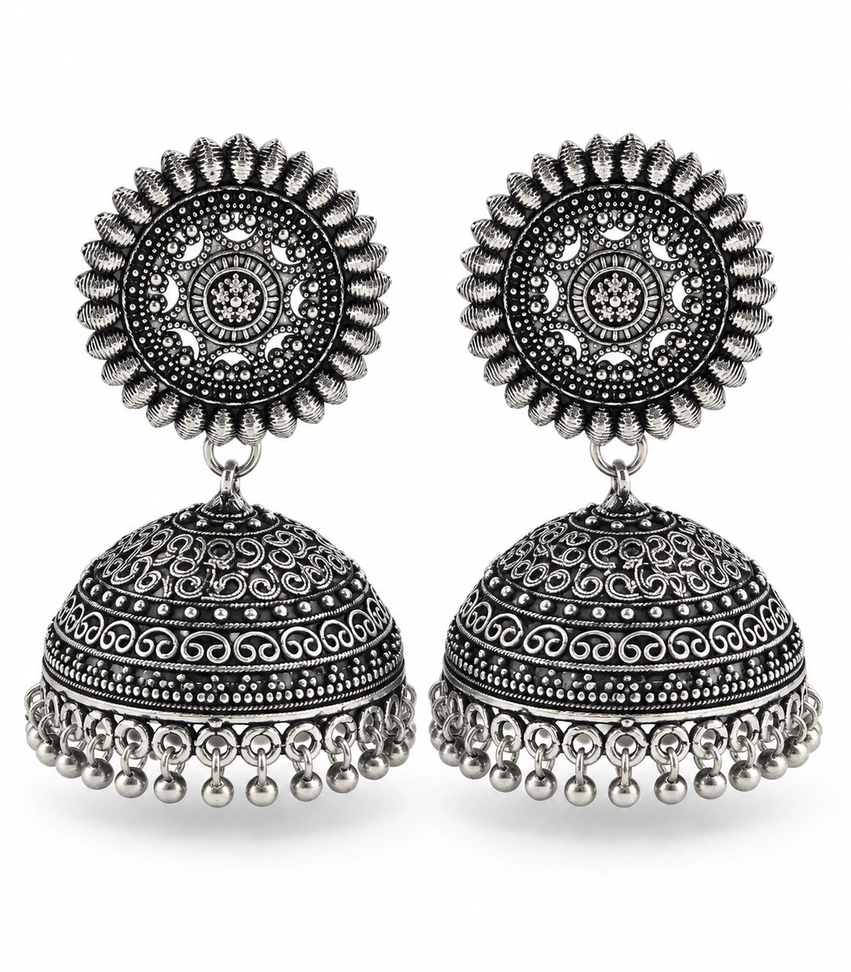 JIMIKI Oxidized Silver Sunburst Scroll Dome Jhumka Earrings - matching pair on a white background #color_oxidized-silver