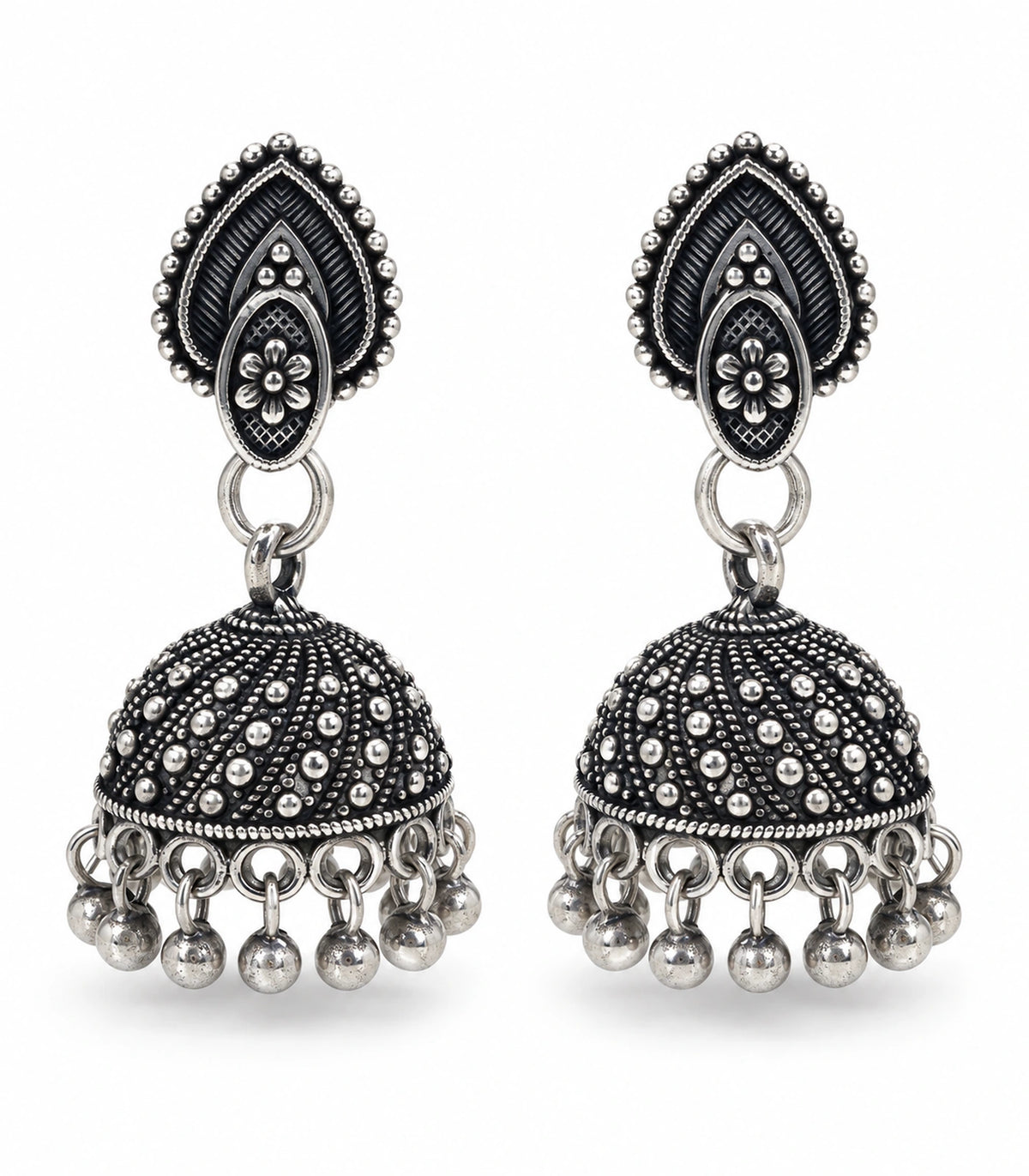 JIMIKI Oxidized Silver Teardrop Stud Dotted Dome Jhumka Earrings in Oxidized Silver - pair on white #color_oxidized-silver