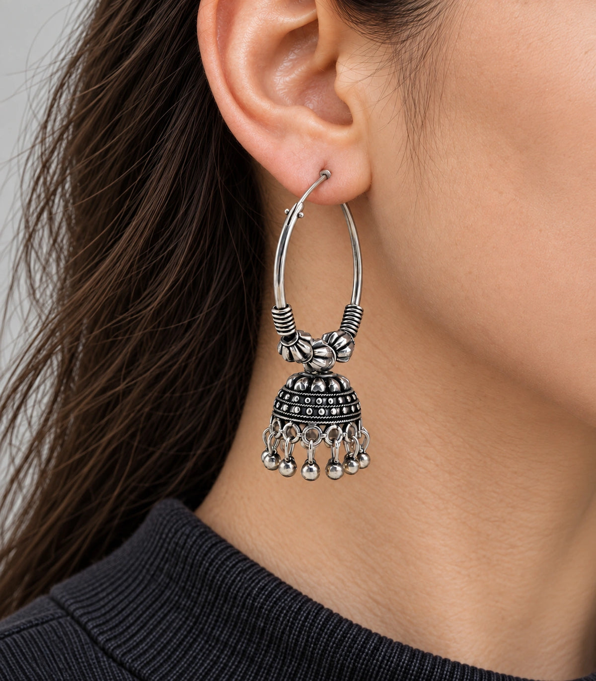 JIMIKI Oxidized Silver Three Bead Hoop Banded Jhumka Earrings in Oxidized Silver - close-up details #color_oxidized-silver