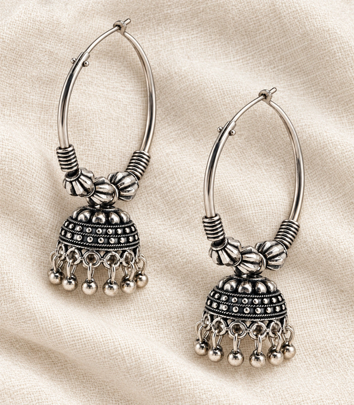 JIMIKI Oxidized Silver Three Bead Hoop Banded Jhumka Earrings in Oxidized Silver - editorial flatlay #color_oxidized-silver