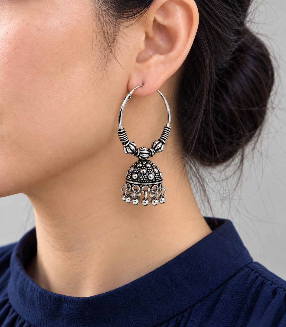 JIMIKI Oxidized Silver Three Bead Hoop Dotted Jhumka Earrings in Oxidized Silver - close-up details #color_oxidized-silver