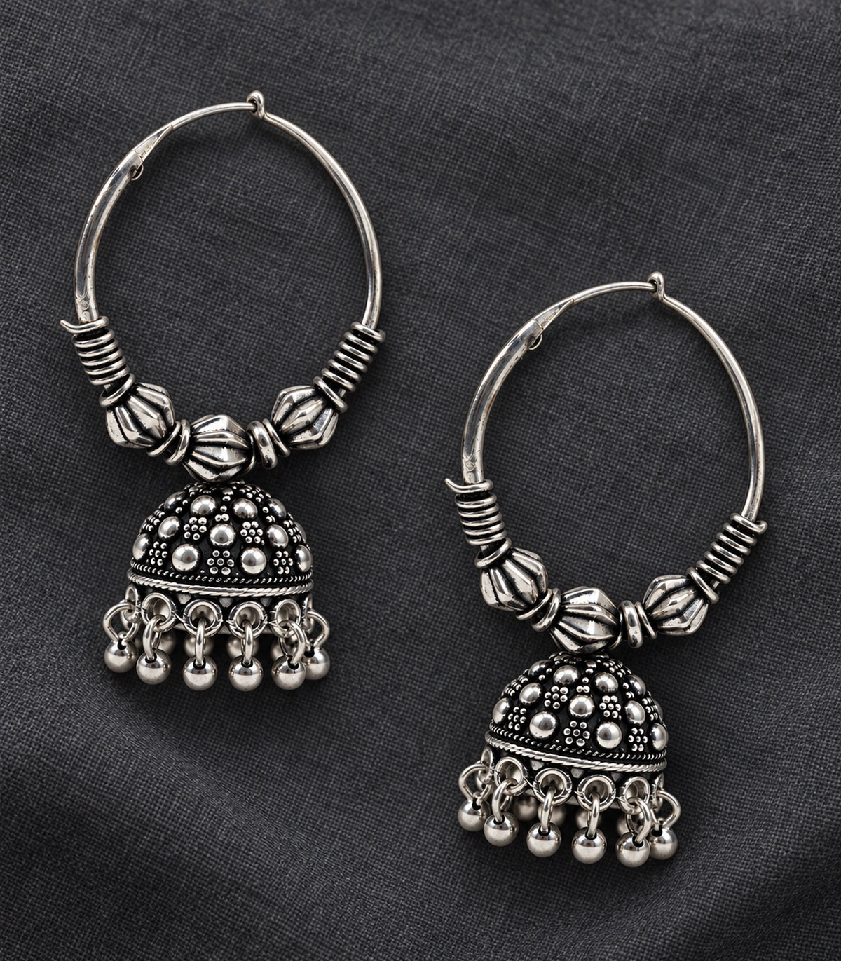 JIMIKI Oxidized Silver Three Bead Hoop Dotted Jhumka Earrings in Oxidized Silver - editorial flatlay #color_oxidized-silver