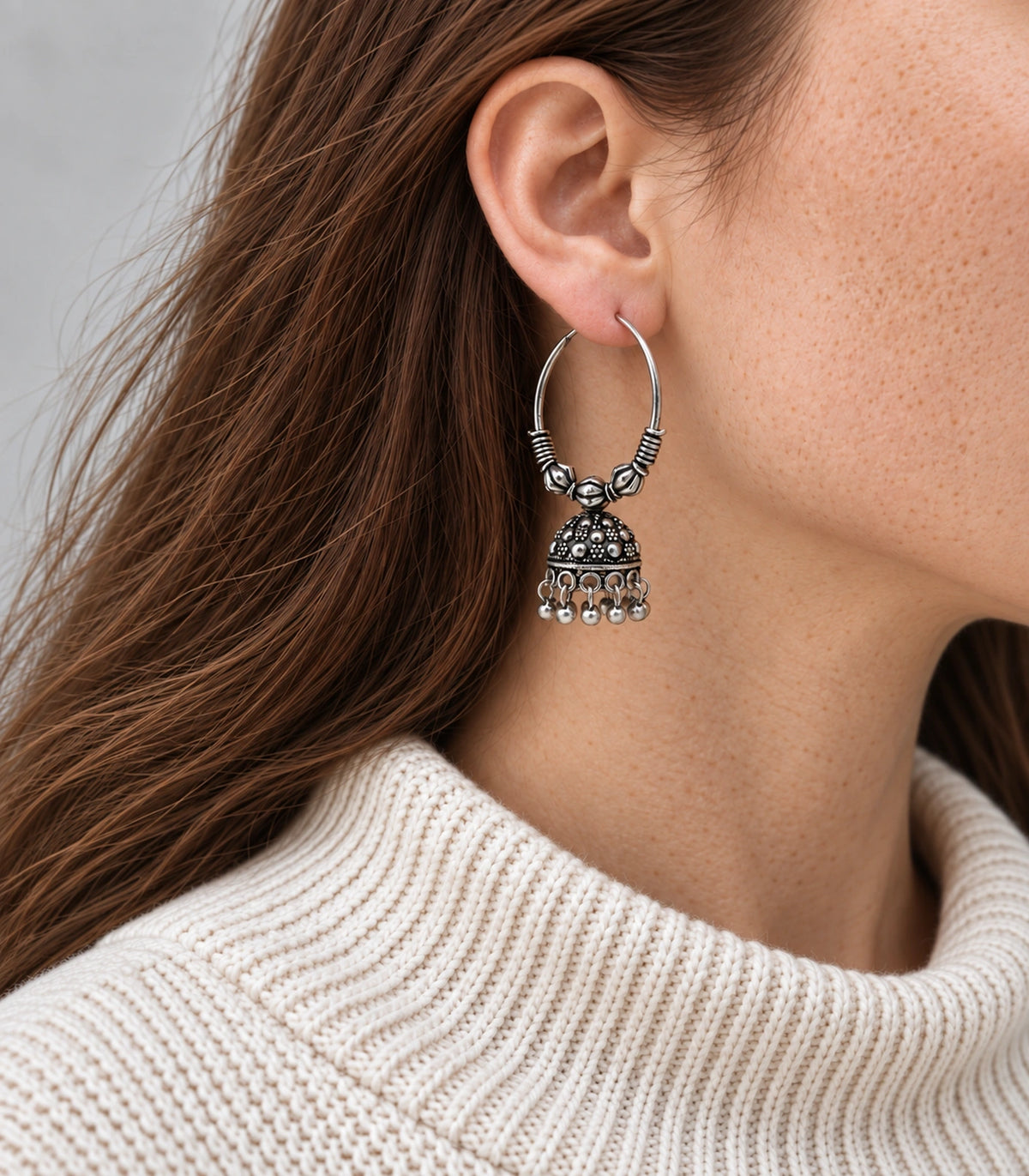 JIMIKI Oxidized Silver Three Bead Hoop Dotted Jhumka Earrings in Oxidized Silver - editorial worn view #color_oxidized-silver