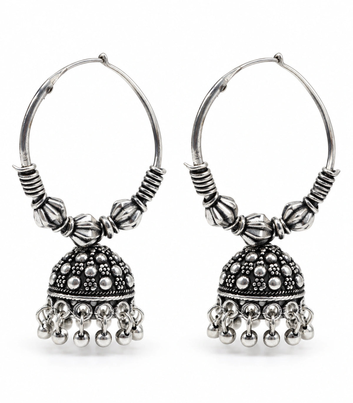 JIMIKI Oxidized Silver Three Bead Hoop Dotted Jhumka Earrings in Oxidized Silver - pair on white #color_oxidized-silver