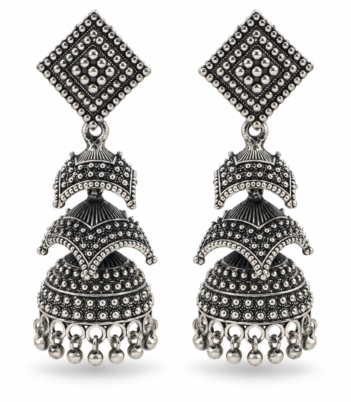 JIMIKI Oxidized Silver Tiered Chevron Jhumka Earrings - matching pair on a white background #color_oxidized-silver