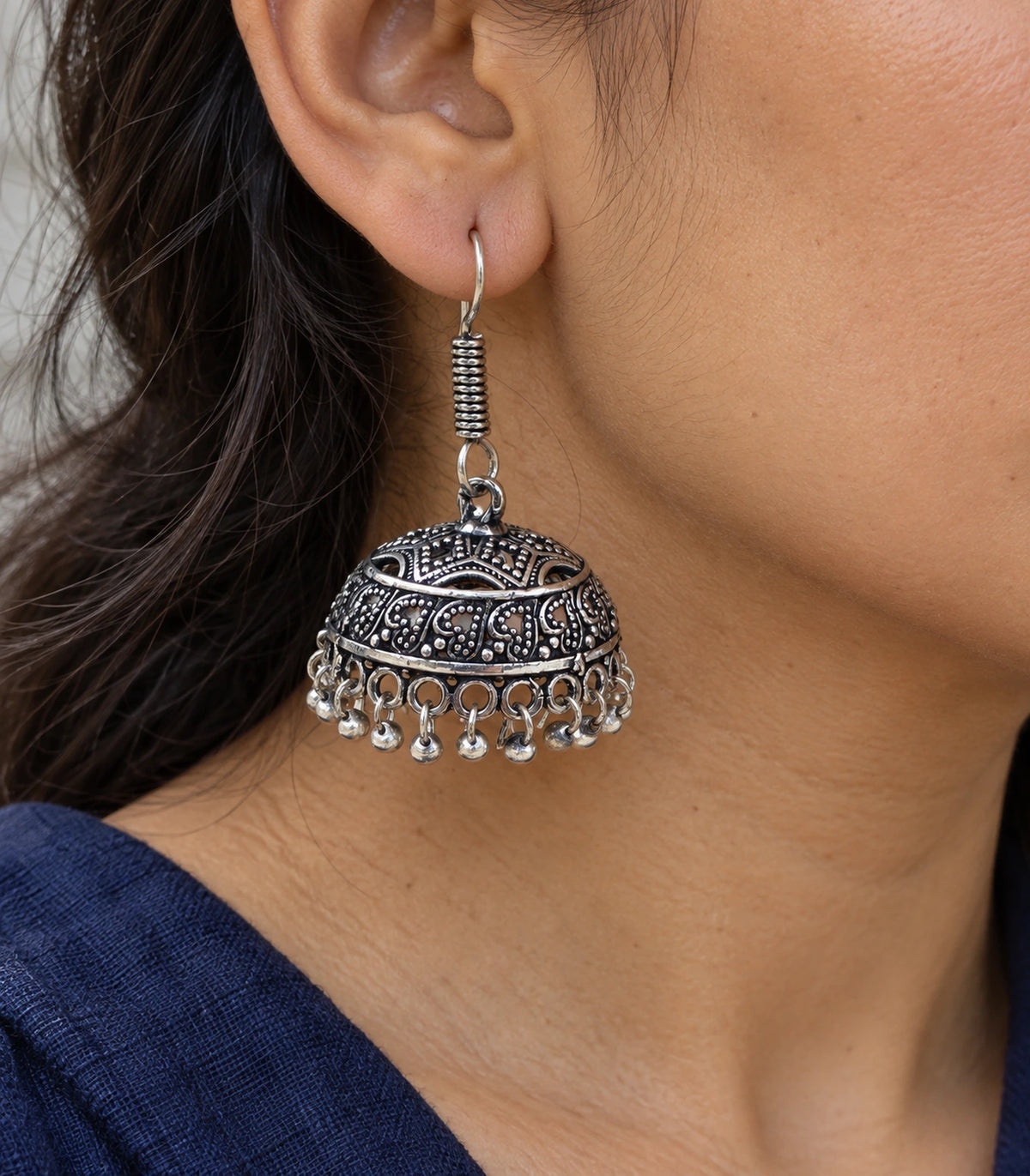 JIMIKI Oxidized Silver Wide Paisley Dome Hook Jhumka Earrings in Oxidized Silver - close-up details #color_oxidized-silver