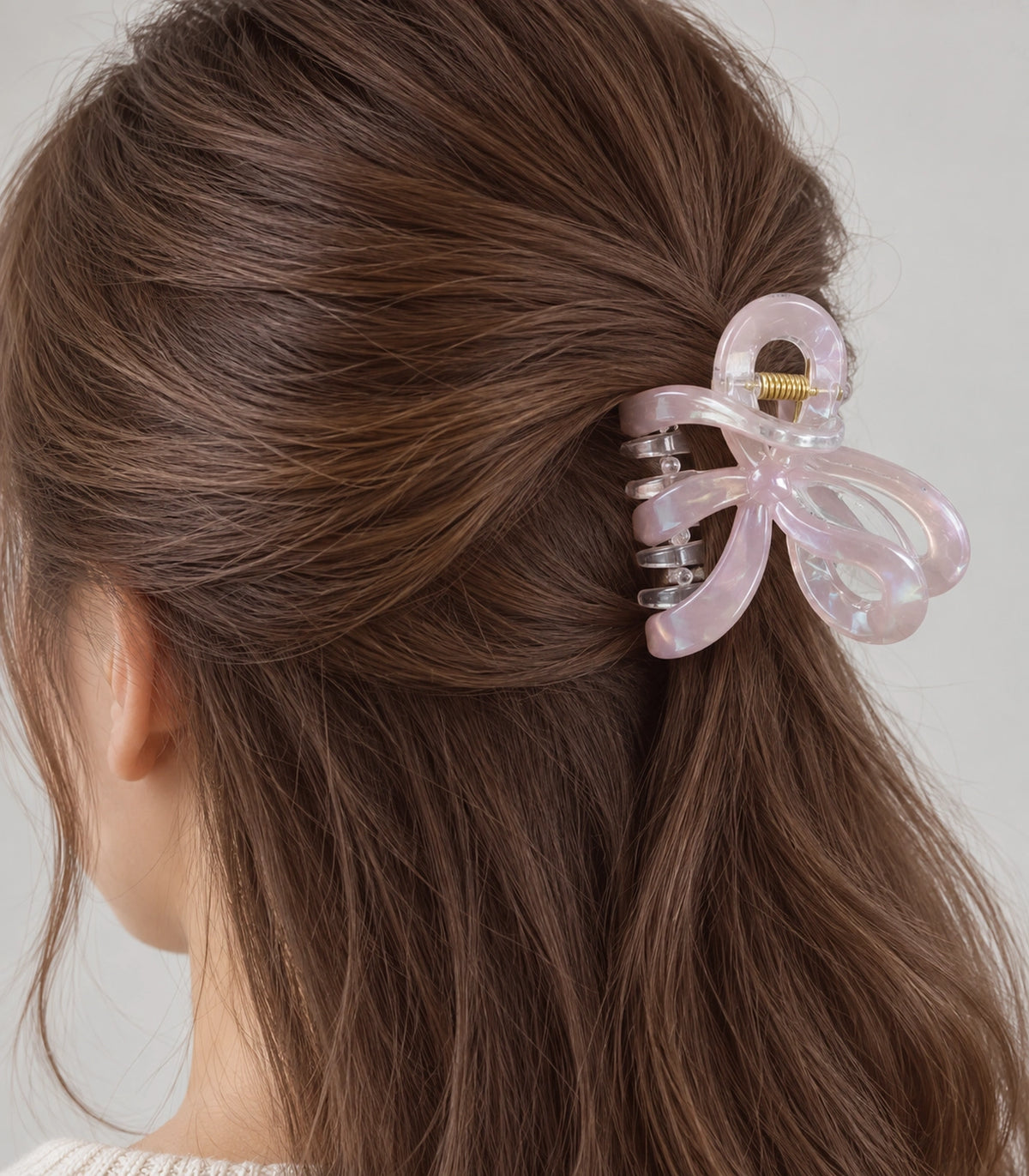 JIMIKI Pale Pink Iridescent Bow Hair Claw Clips in Pale Pink, close-up detail