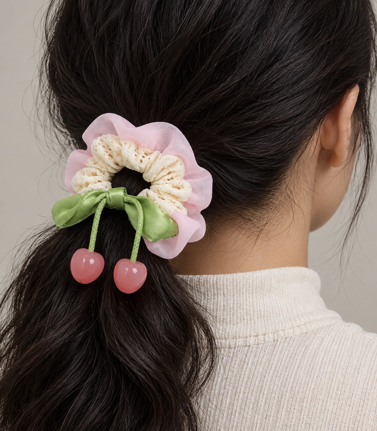 JIMIKI Lace Scrunchie With Cherry Charms in Pale Pink, close-up detail #color_pale pink