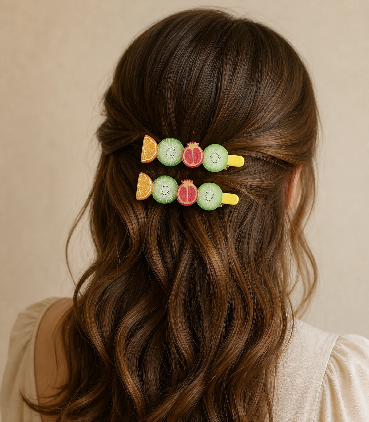 Editorial model view of the Pastel Citrus Mint Kiwi Pomegranate Barrette Pair
