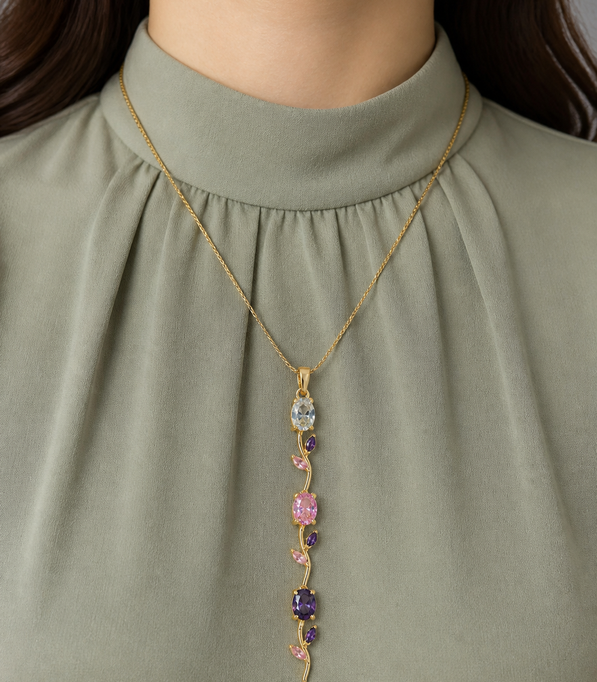 Close-up of Pastel Leaf Vine Pendant Necklace
