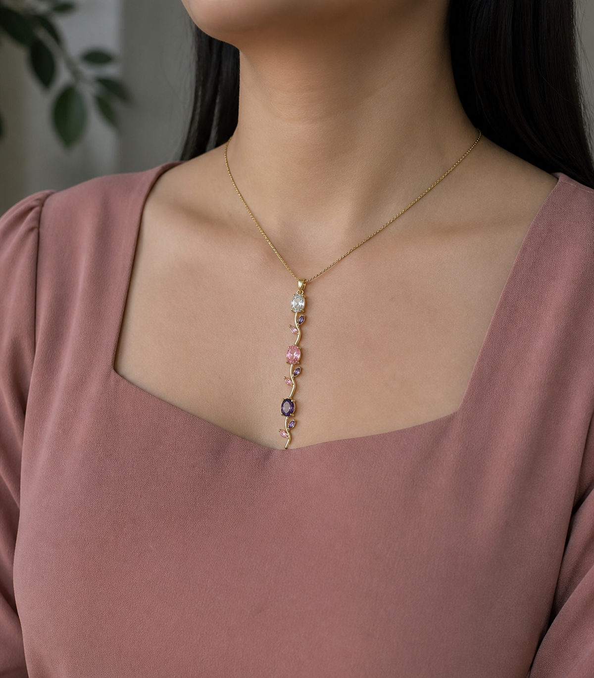 Pastel Leaf Vine Pendant Necklace styled on a model