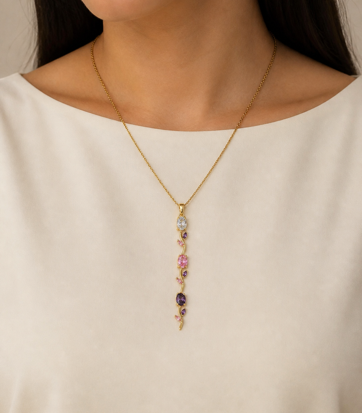 Pastel Leaf Vine Pendant Necklace worn by model