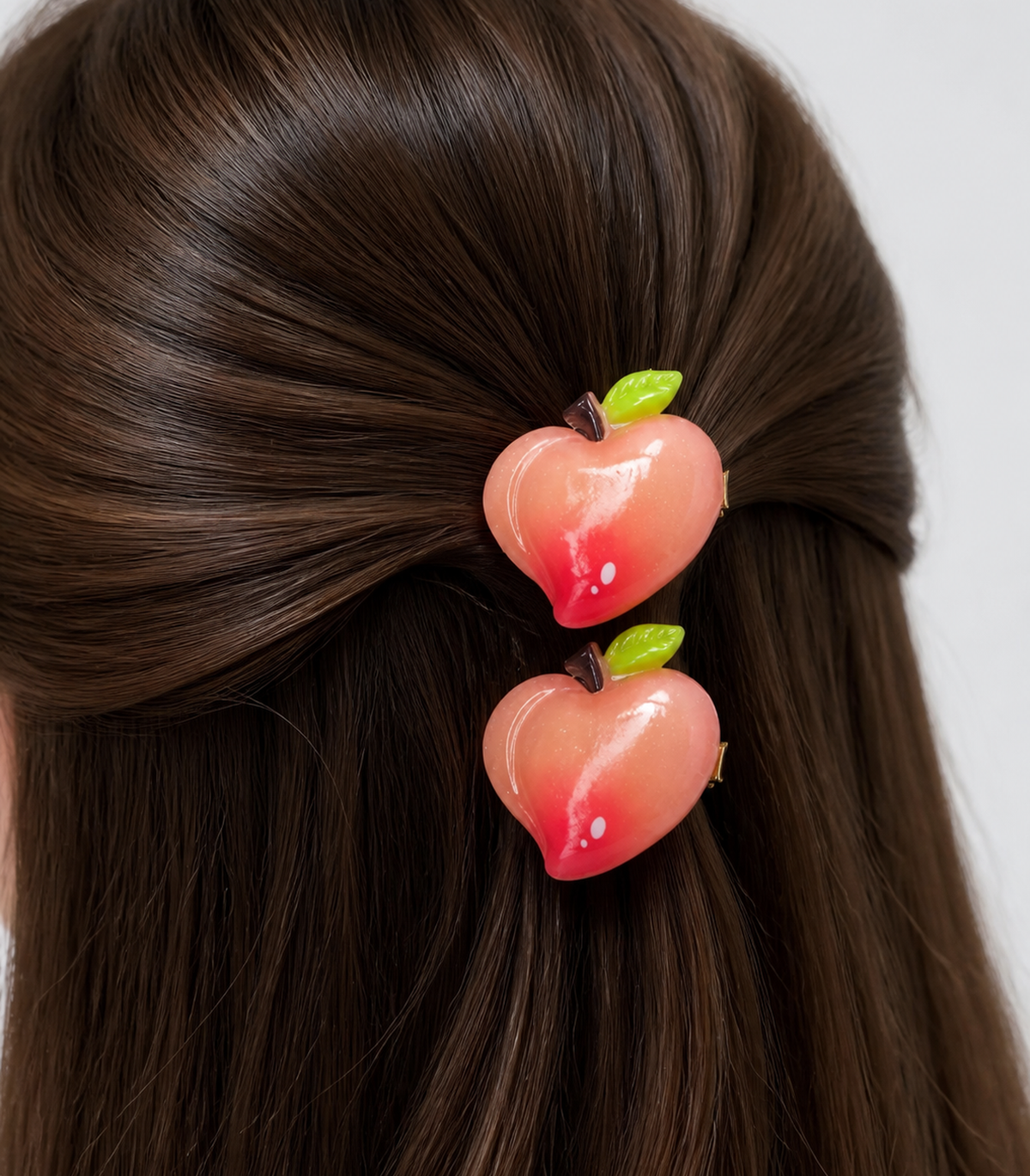 Peach Apple Barrette Pair worn in hair