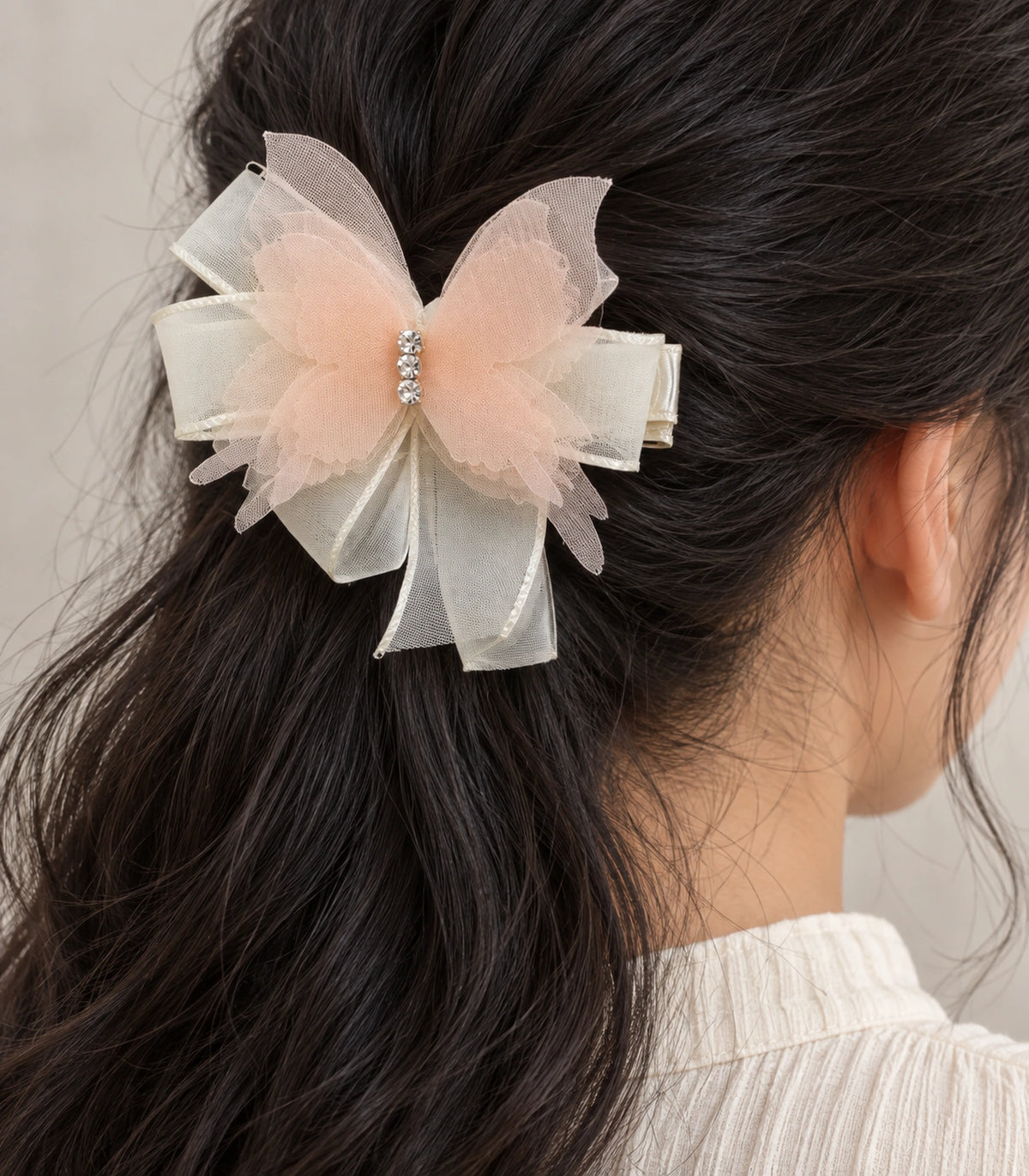 JIMIKI Organza Butterfly Bow Hair Clips in Peach, close-up detail #color_peach