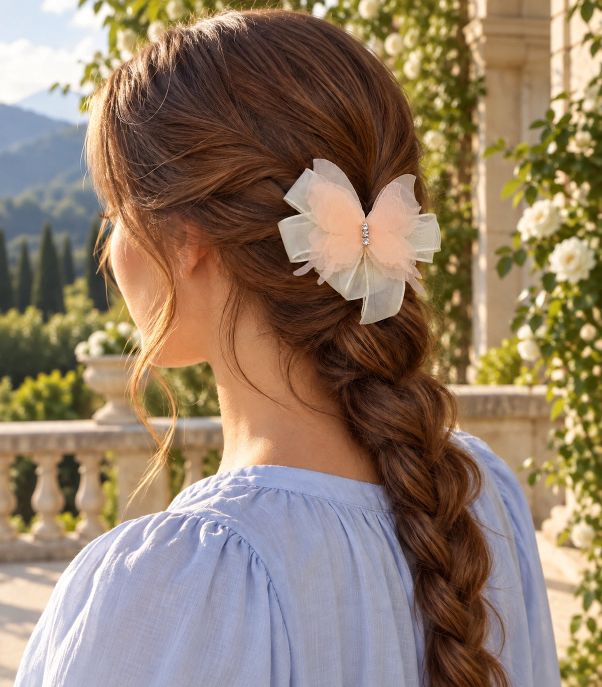 JIMIKI Organza Butterfly Bow Hair Clips in Peach, editorial model view #color_peach