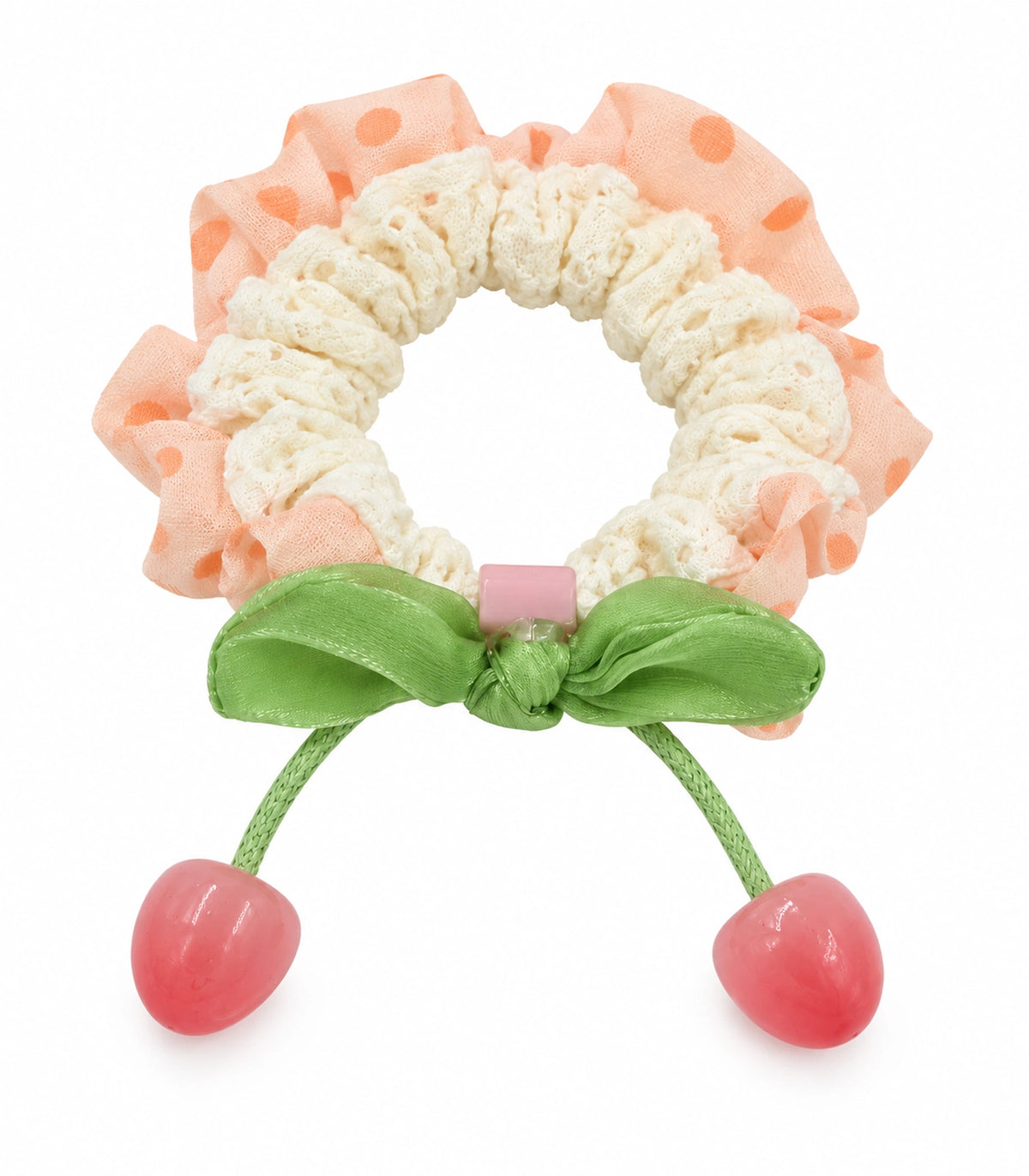 JIMIKI Polka Dot Lace Scrunchie With Cherry Charms in Peach, white background product view #color_peach