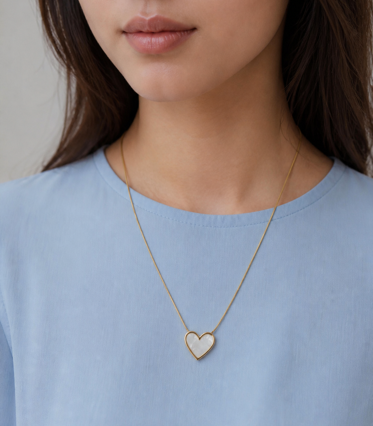 Pearly White Heart Snake Chain Necklace styled on a model