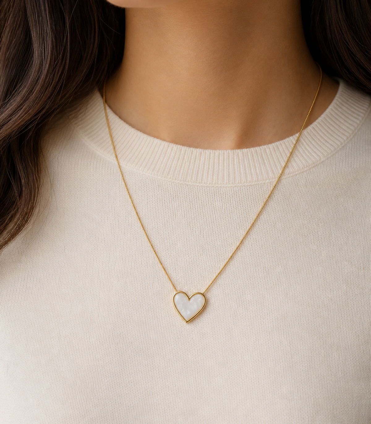 Pearly White Heart Snake Chain Necklace worn by a model