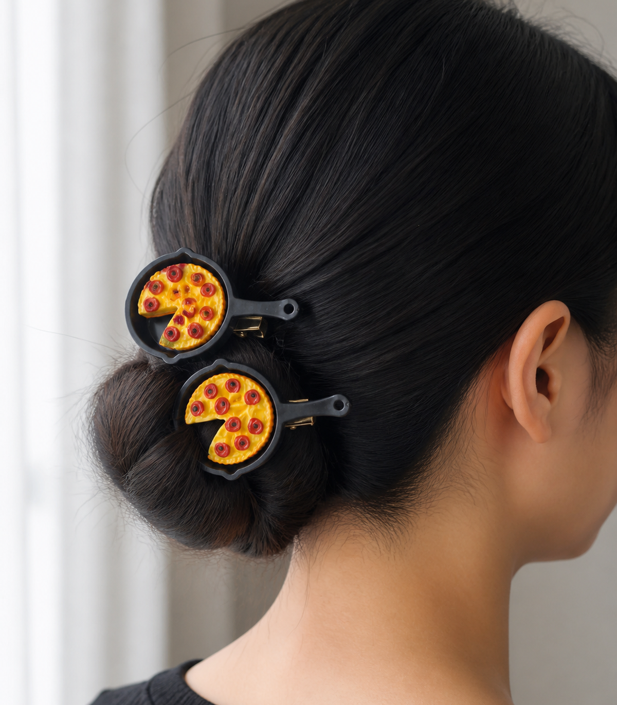 Pepperoni Pizza Pan Barrette Pair styled editorial view