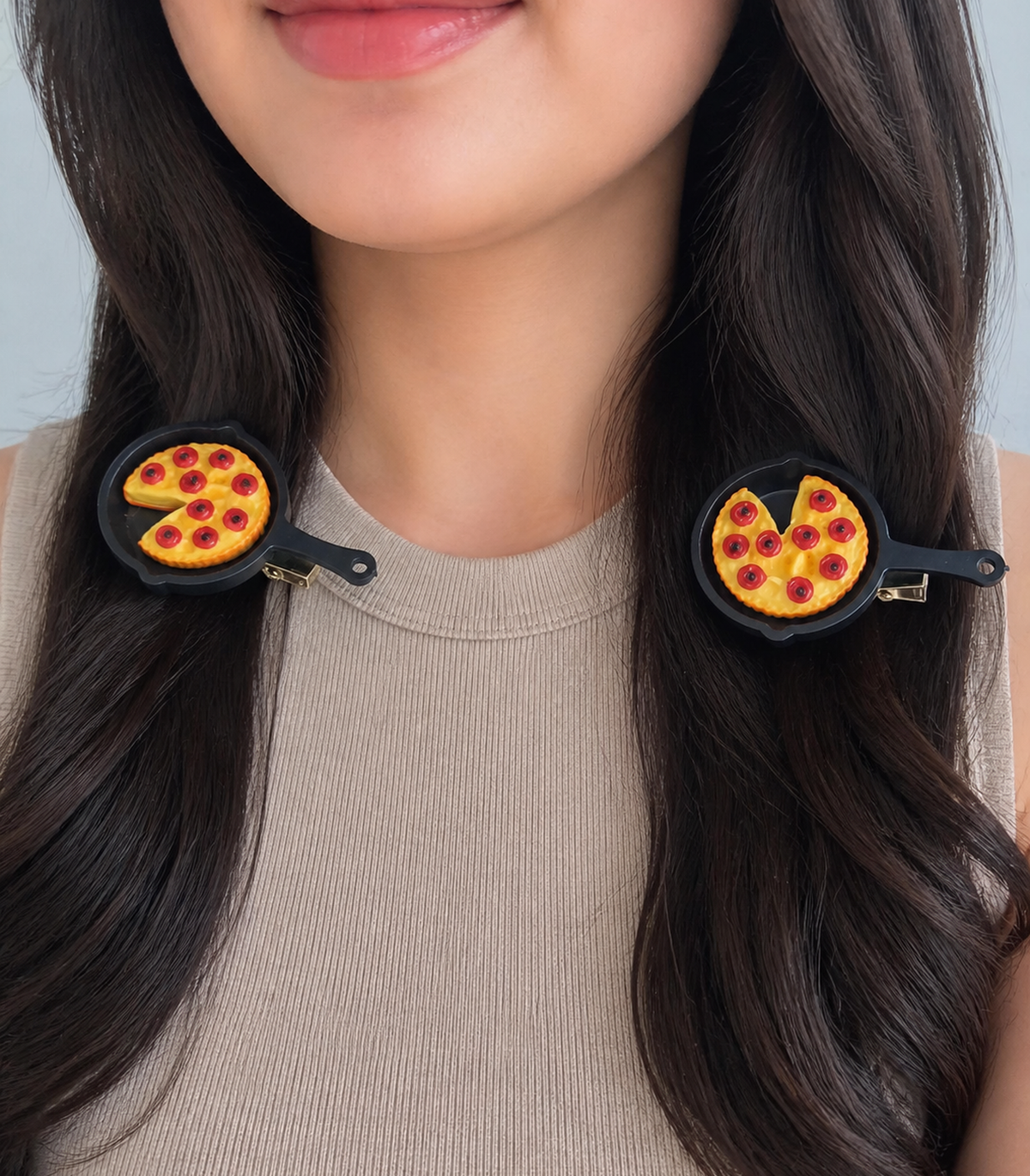 Pepperoni Pizza Pan Barrette Pair worn in hair