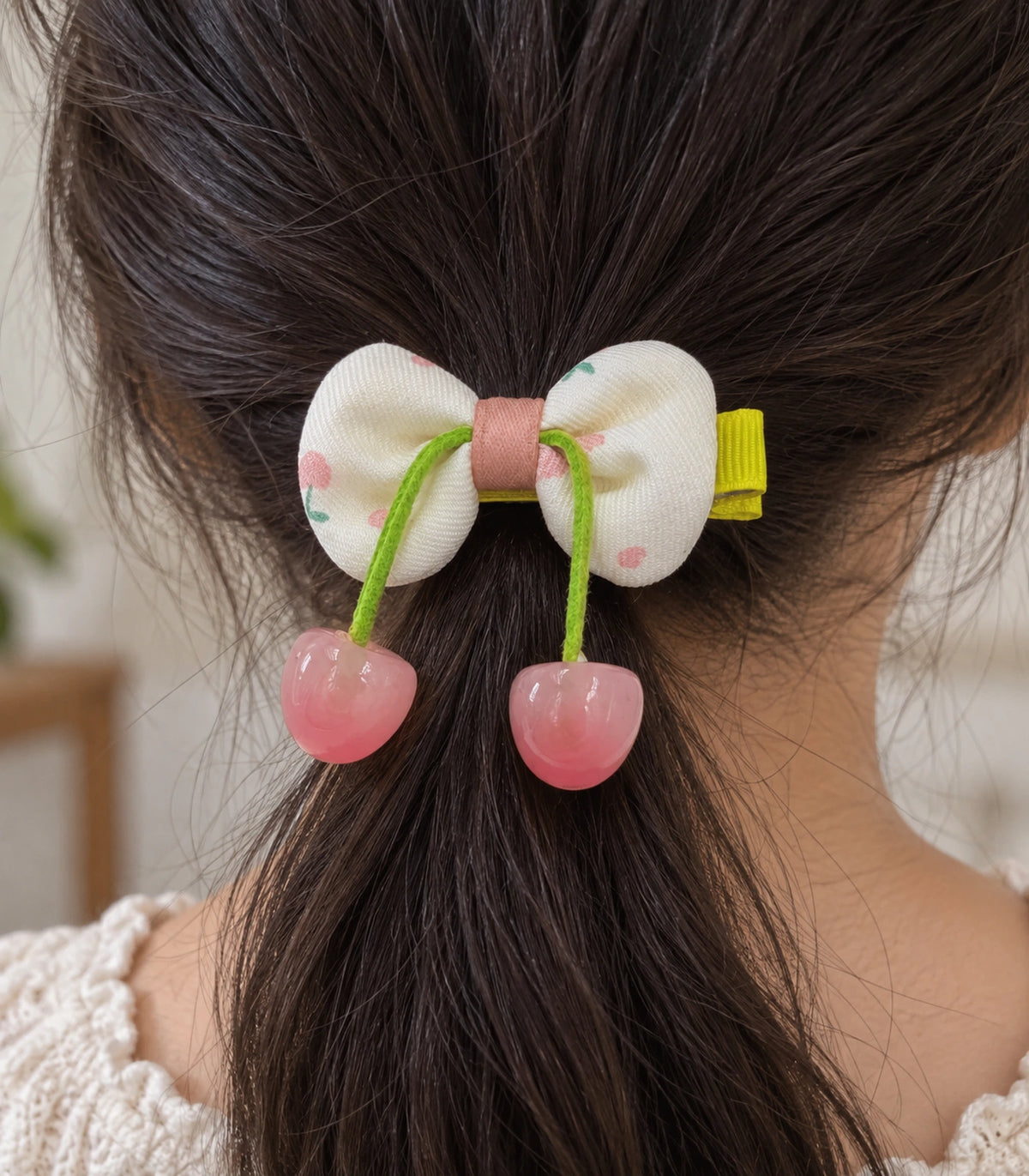 JIMIKI Cherry Print Bow Hair Clip With Cherry Charms in Pink, close-up detail #color_pink