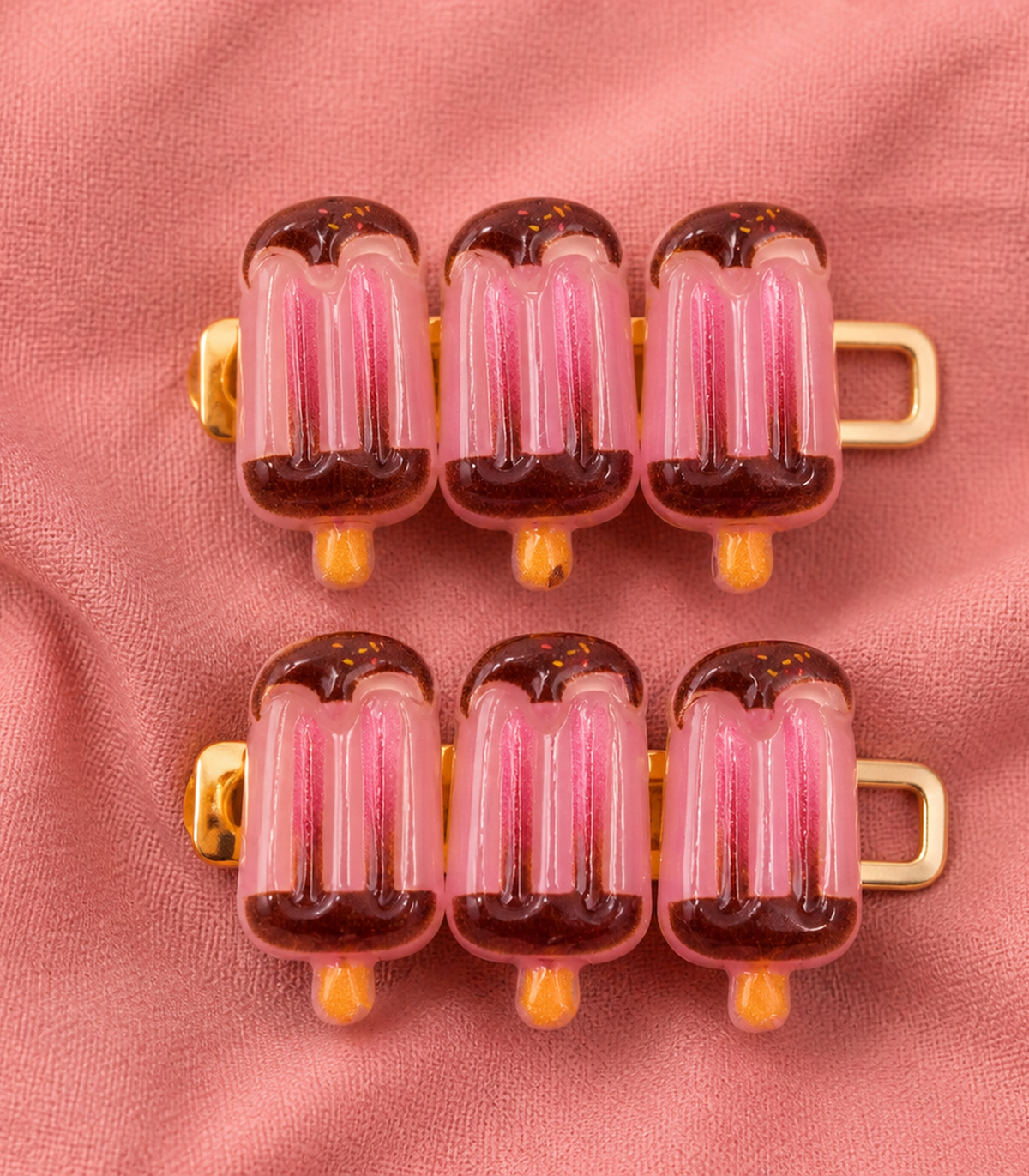 Pink Chocolate Iced Pop Trio Clip Pair in close-up detail