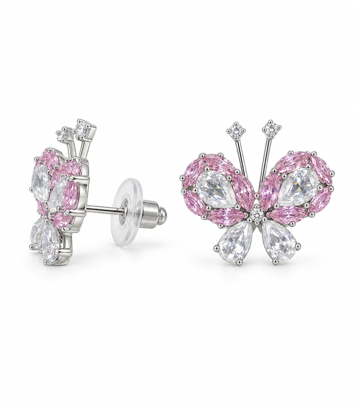 JIMIKI Crystal Butterfly Stud Earring Pair in Pink / silver tone, white background product view #color_pink / silver tone