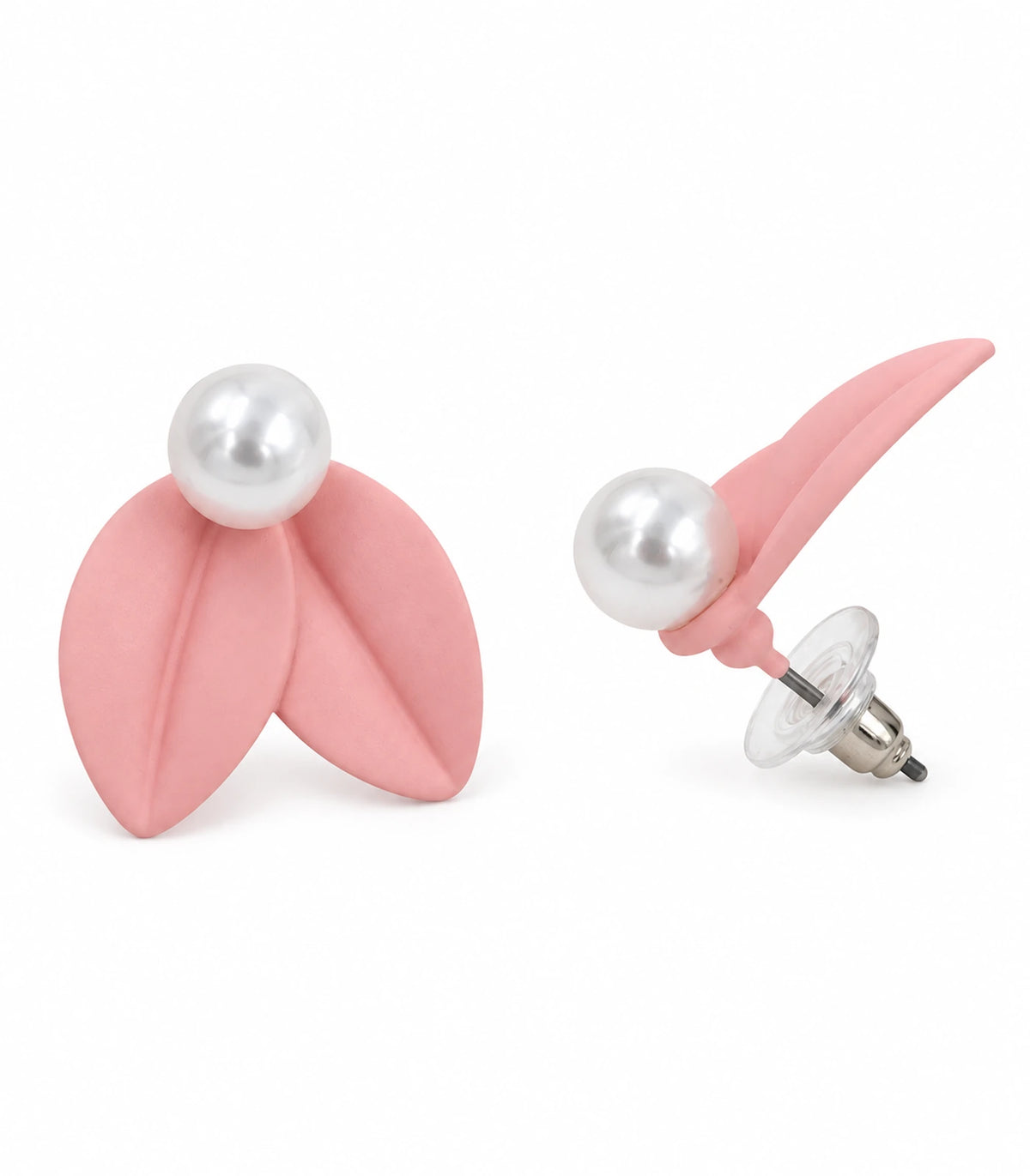 JIMIKI Double Leaf Pearl Stud Earrings in Pink — pair on white background #color_pink
