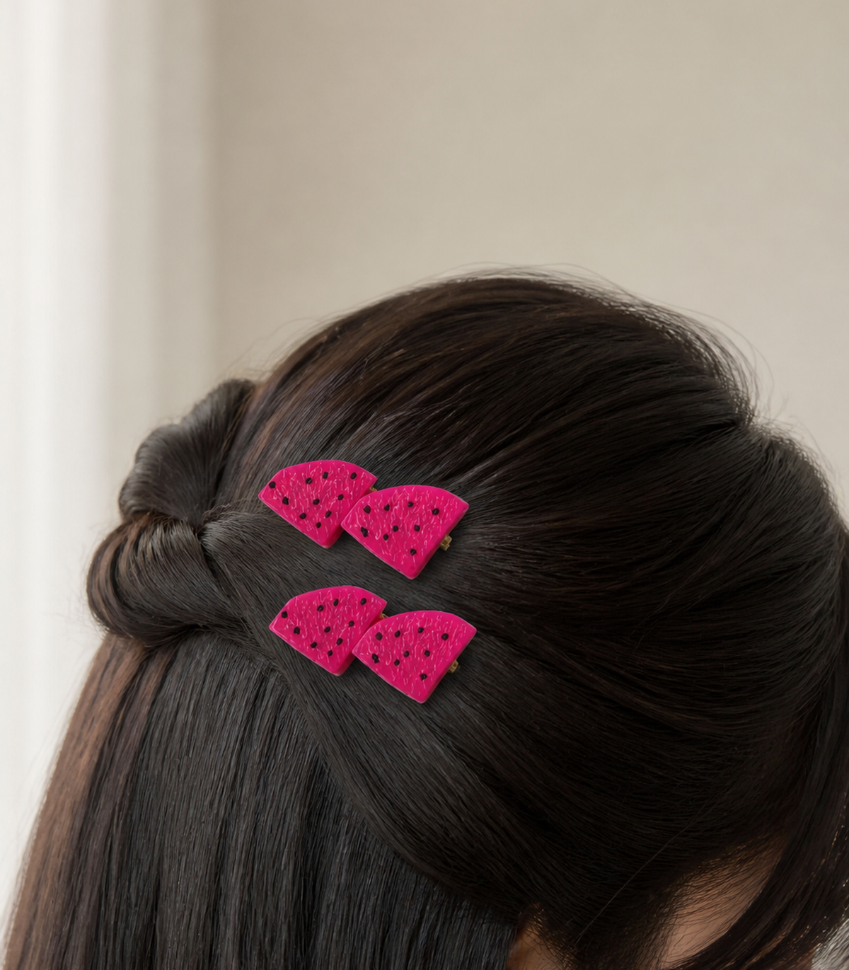 Pink Dragonfruit Duo Clip Pair worn in hair