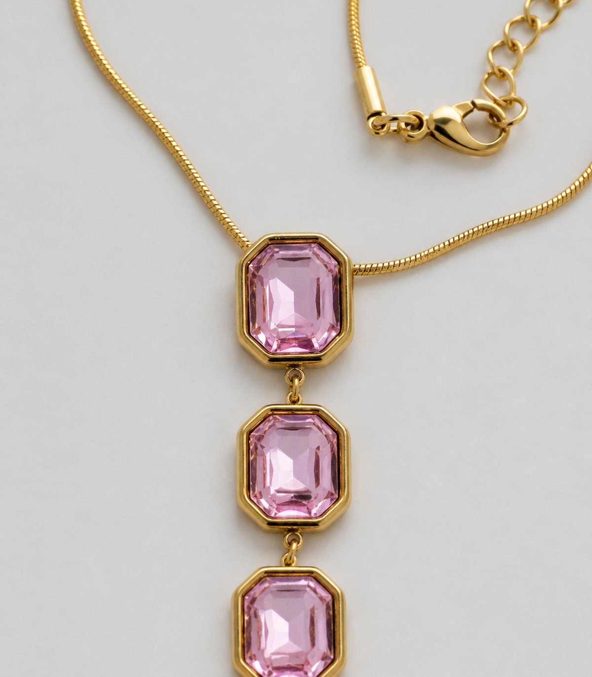 Close-up of Pink Emerald Cut Y Necklace