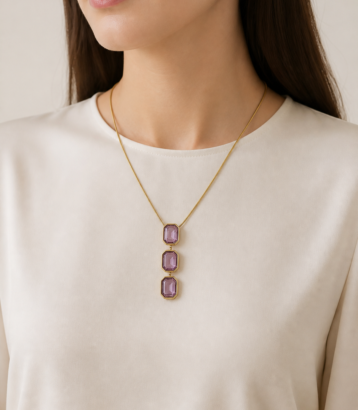 Pink Emerald Cut Y Necklace worn by a model