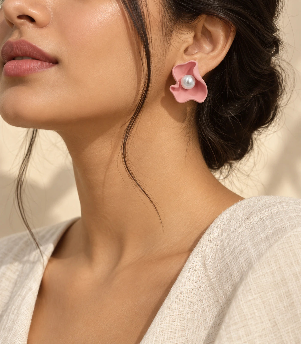 JIMIKI Folded Calla Pearl Stud Earrings, Pink — earrings styled with an outfit #color_pink