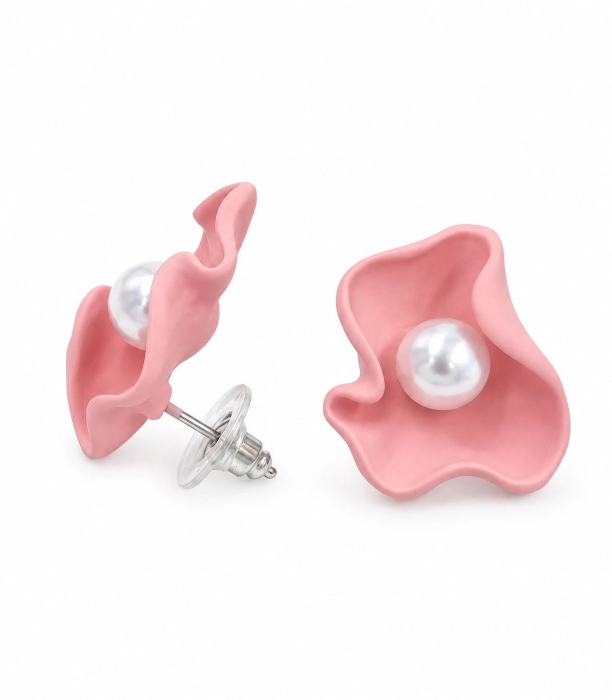 JIMIKI Folded Calla Pearl Stud Earrings, Pink — pair on white background #color_pink