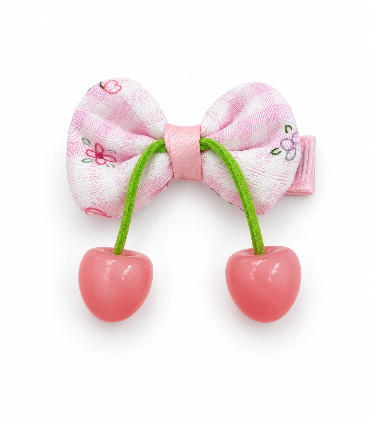 JIMIKI Pink Gingham Floral Bow Hair Clip with Cherry Charms in Pink, white background product view