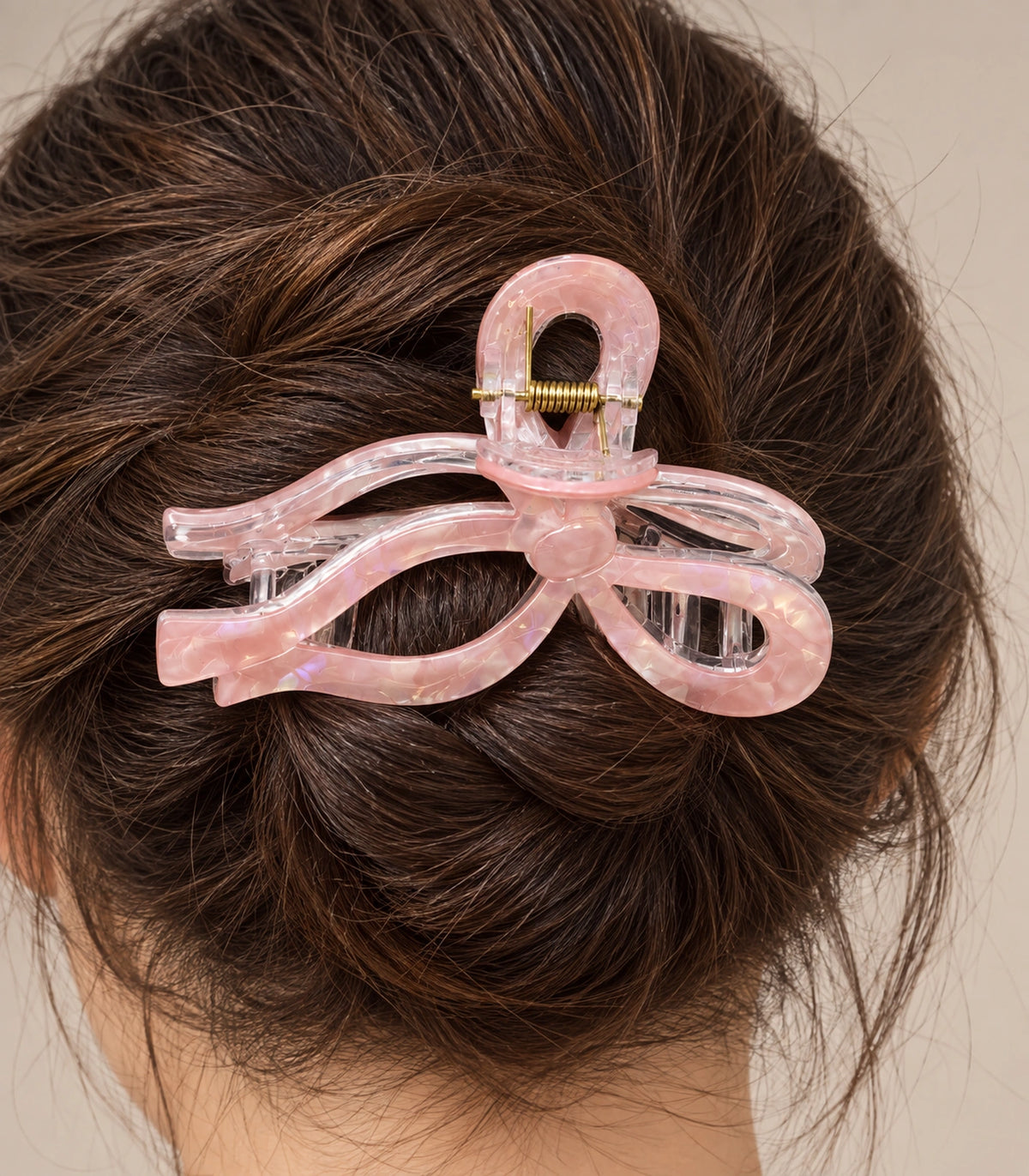 JIMIKI Iridescent Openwork Bow Hair Claw Clips in Pink, close-up detail #color_pink