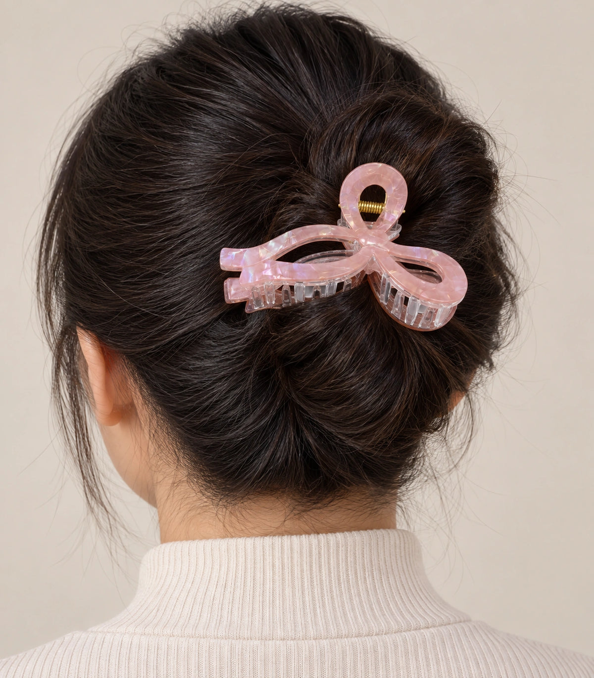 JIMIKI Iridescent Openwork Bow Hair Claw Clips in Pink, model wearing view #color_pink
