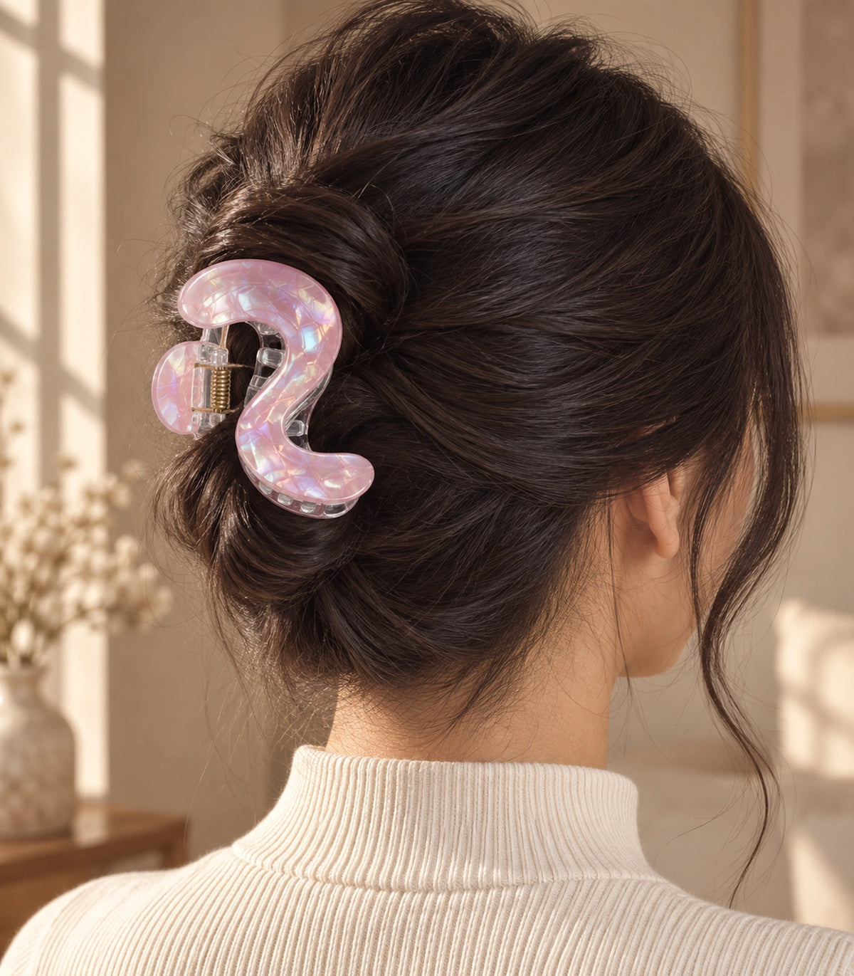 JIMIKI Iridescent S Shaped Hair Claw Clips in Pink, editorial model view #color_pink