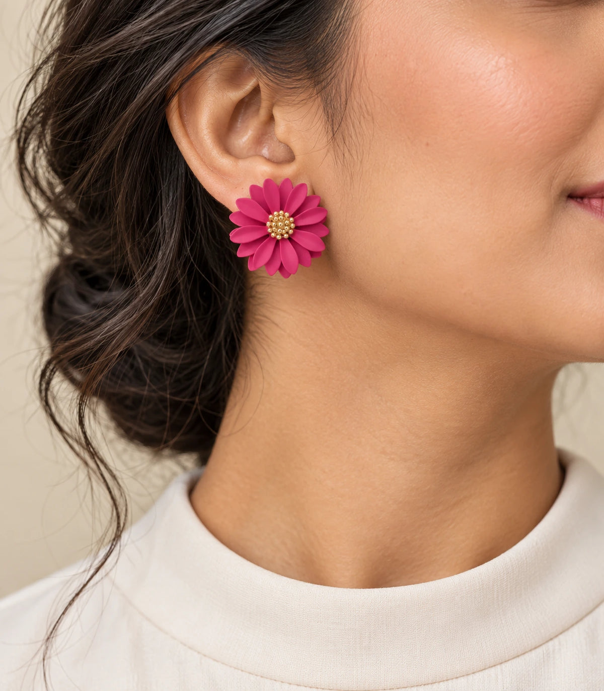JIMIKI Pink layered starburst daisy stud earrings, editorial portrait of the daisy stud worn at the ear #color_pink