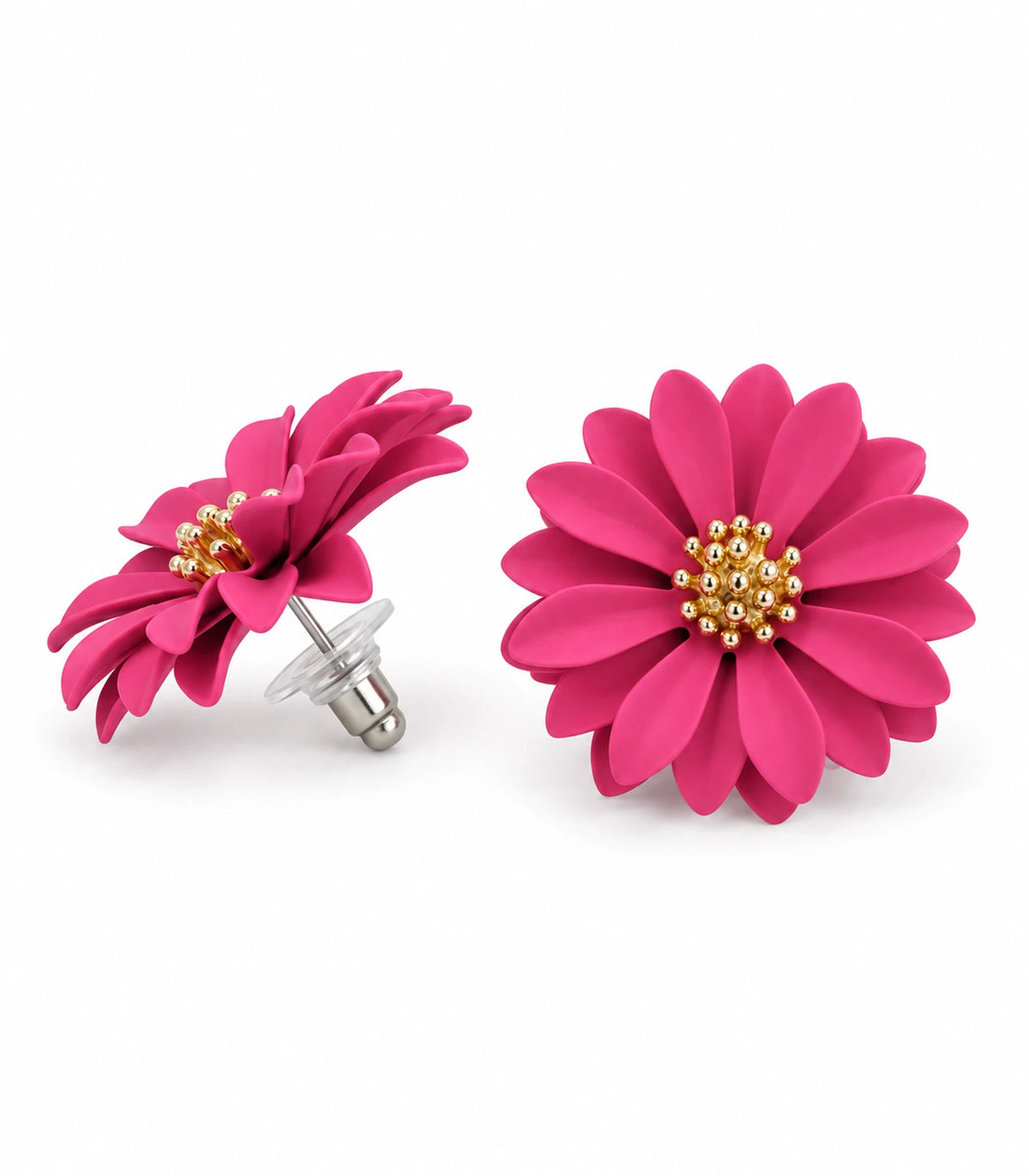 JIMIKI Pink layered starburst daisy stud earrings, matching pair on white background #color_pink