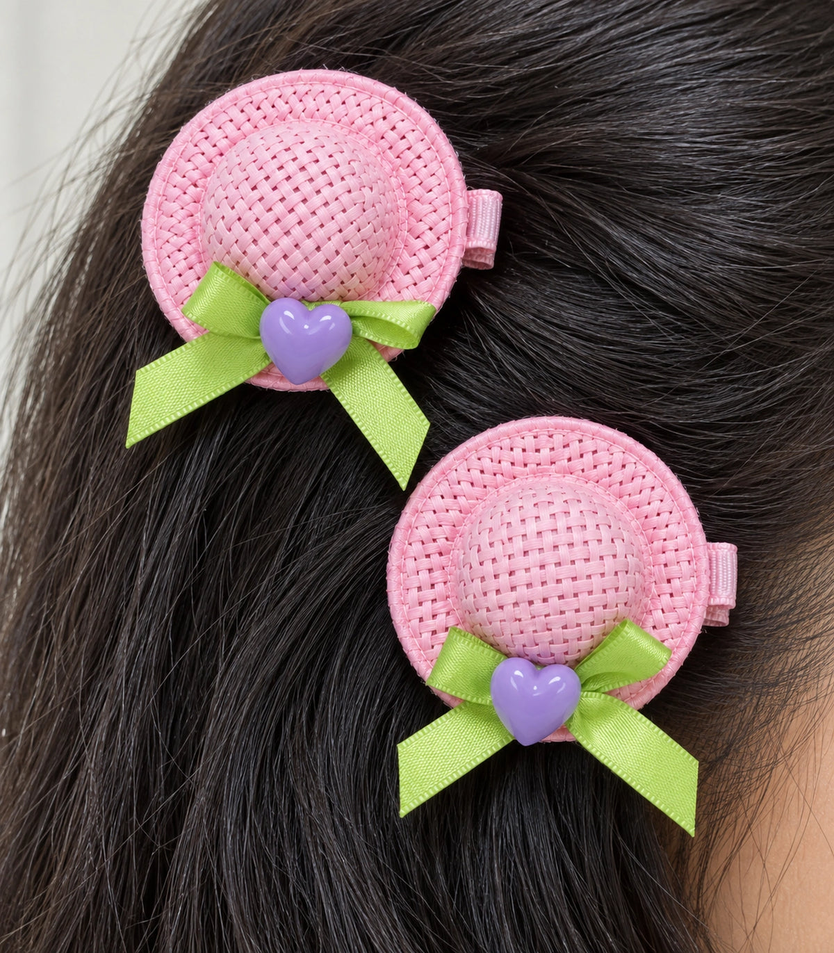 JIMIKI Mini Hat Hair Clips With Hearts in Pink / Lavender, close-up detail #color_pink / lavender
