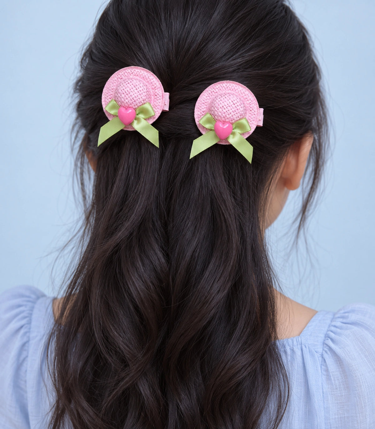 JIMIKI Mini Hat Hair Clips With Hearts in Pink, model wearing view #color_pink