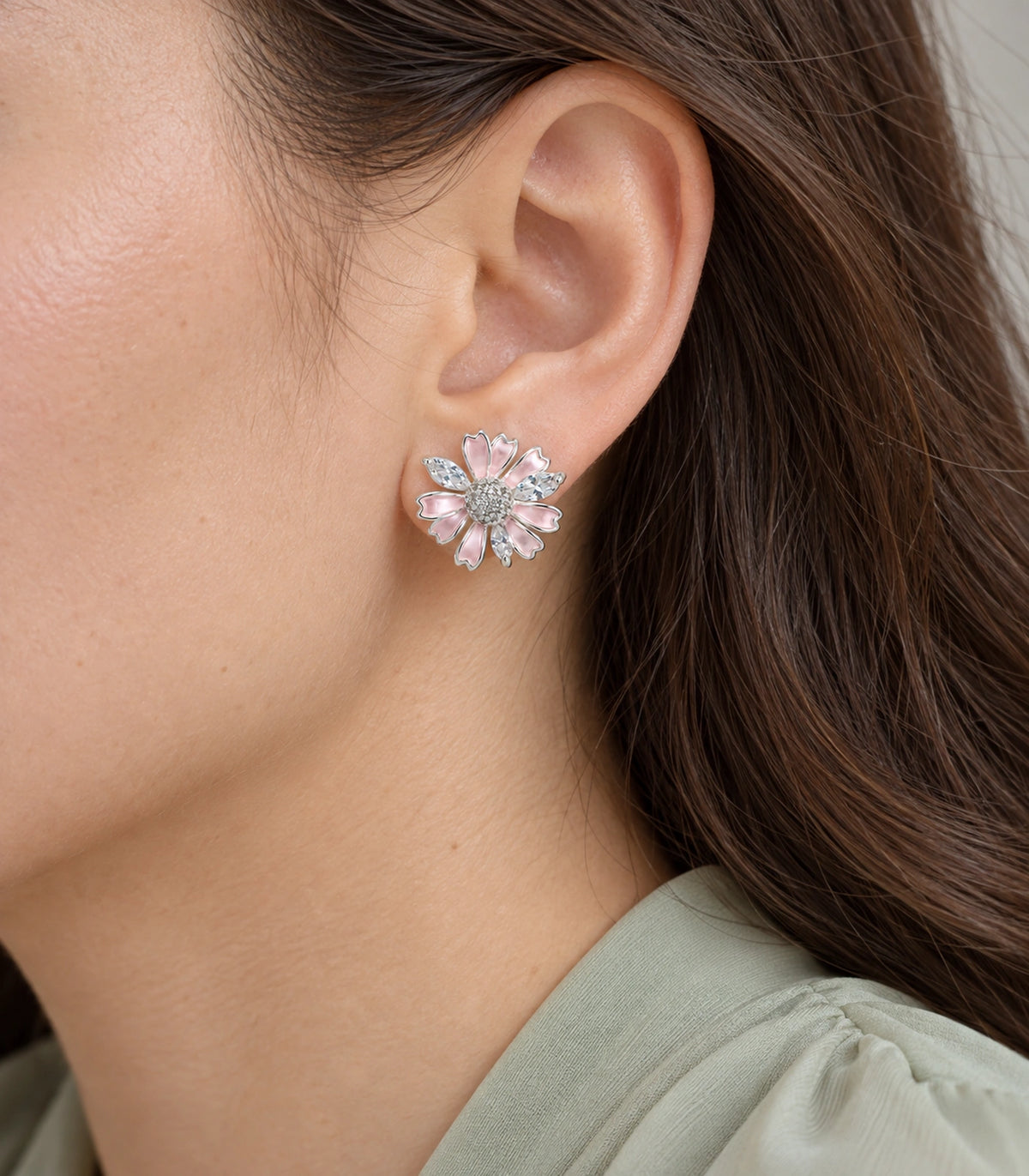 JIMIKI Petal Crystal Flower Stud Earring Pair in Pink / silver tone, close-up detail #color_pink / silver tone