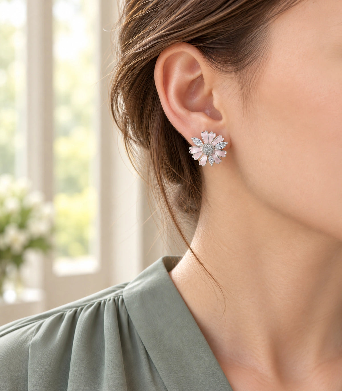 JIMIKI Petal Crystal Flower Stud Earring Pair in Pink / silver tone, editorial model view #color_pink / silver tone