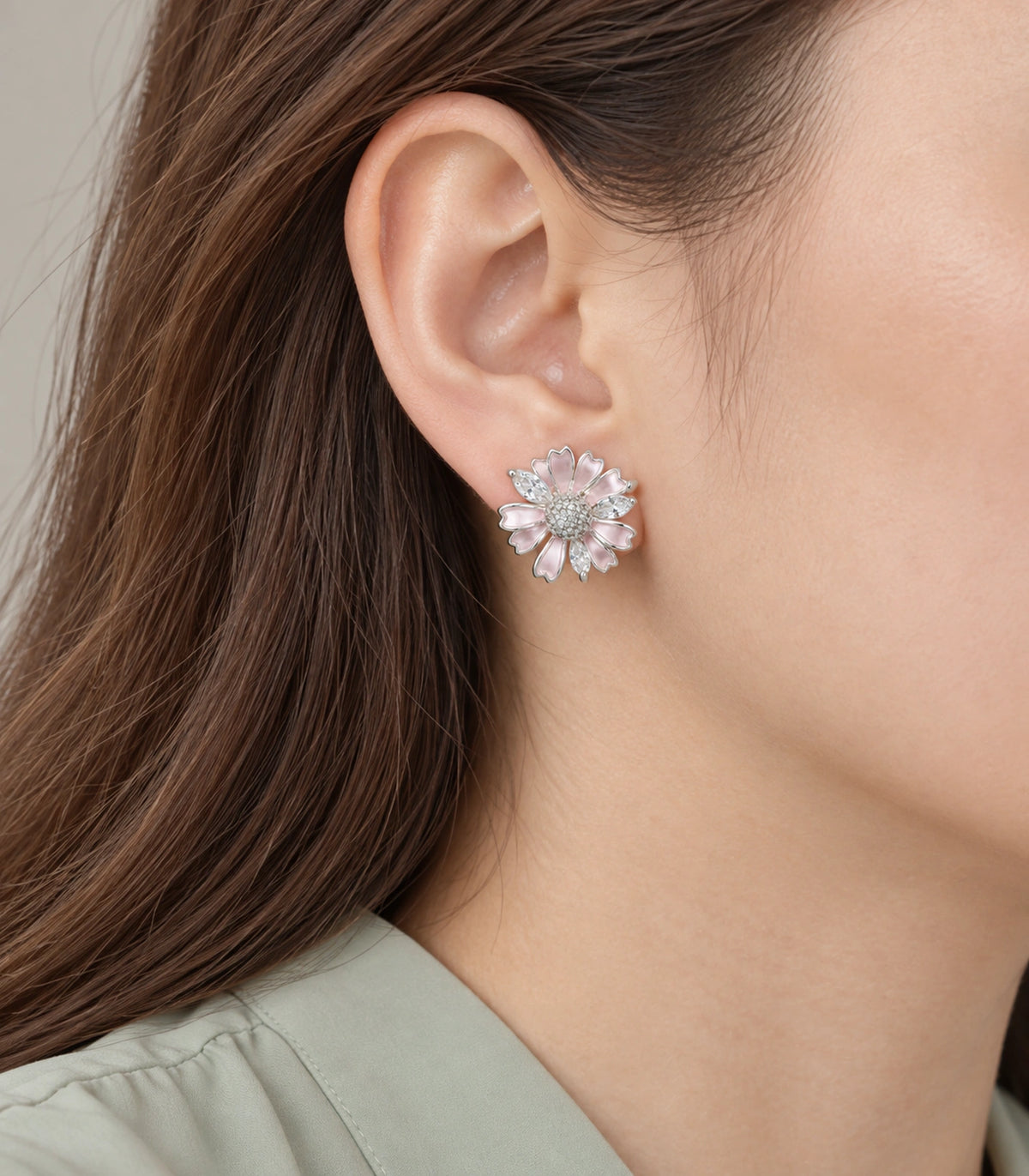 JIMIKI Petal Crystal Flower Stud Earring Pair in Pink / silver tone, model wearing view #color_pink / silver tone