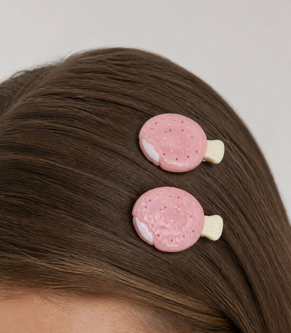 Pink Swirled Pastry Barrette Pair worn in hair